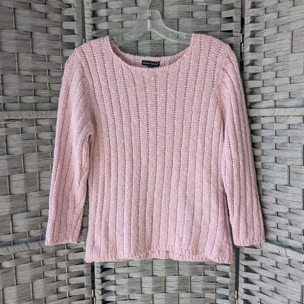 Vtg Sweater Light Pink Metallic Pointelle Knit 3/4 Sleeve Lg‎ Pastel Balletcore